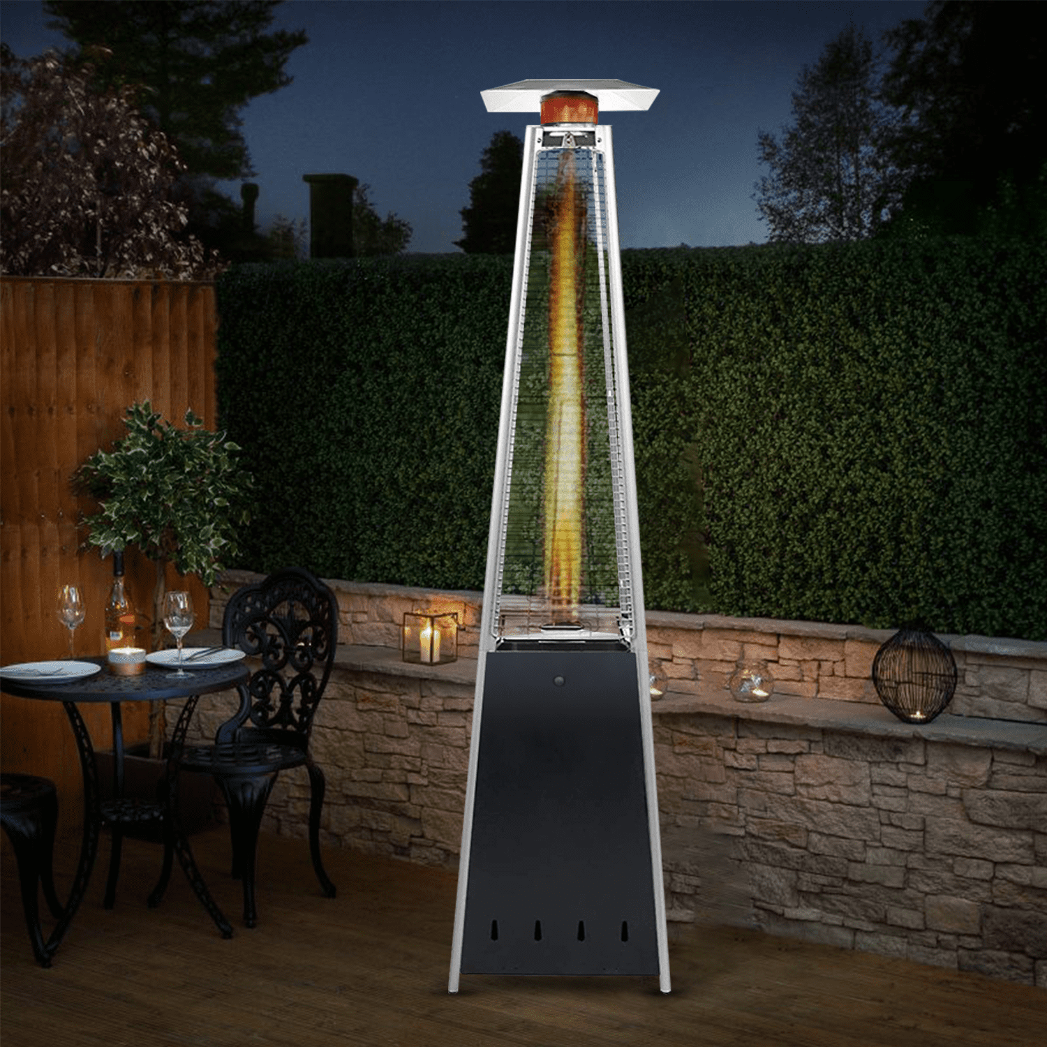 LPG Warm Heating Fire & Water Proof Cover Included Portable Wheels Garden Camp BU-KO Outdoor Patio Gas Heater Regulator & Hose Stainless Steel Pyramid Style 13kw Propane Burner BBQ Parties